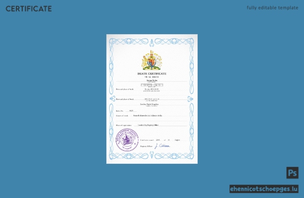 Britische Sterbeurkunde (PSD), vollständig bearbeitbare Beispielvorschau